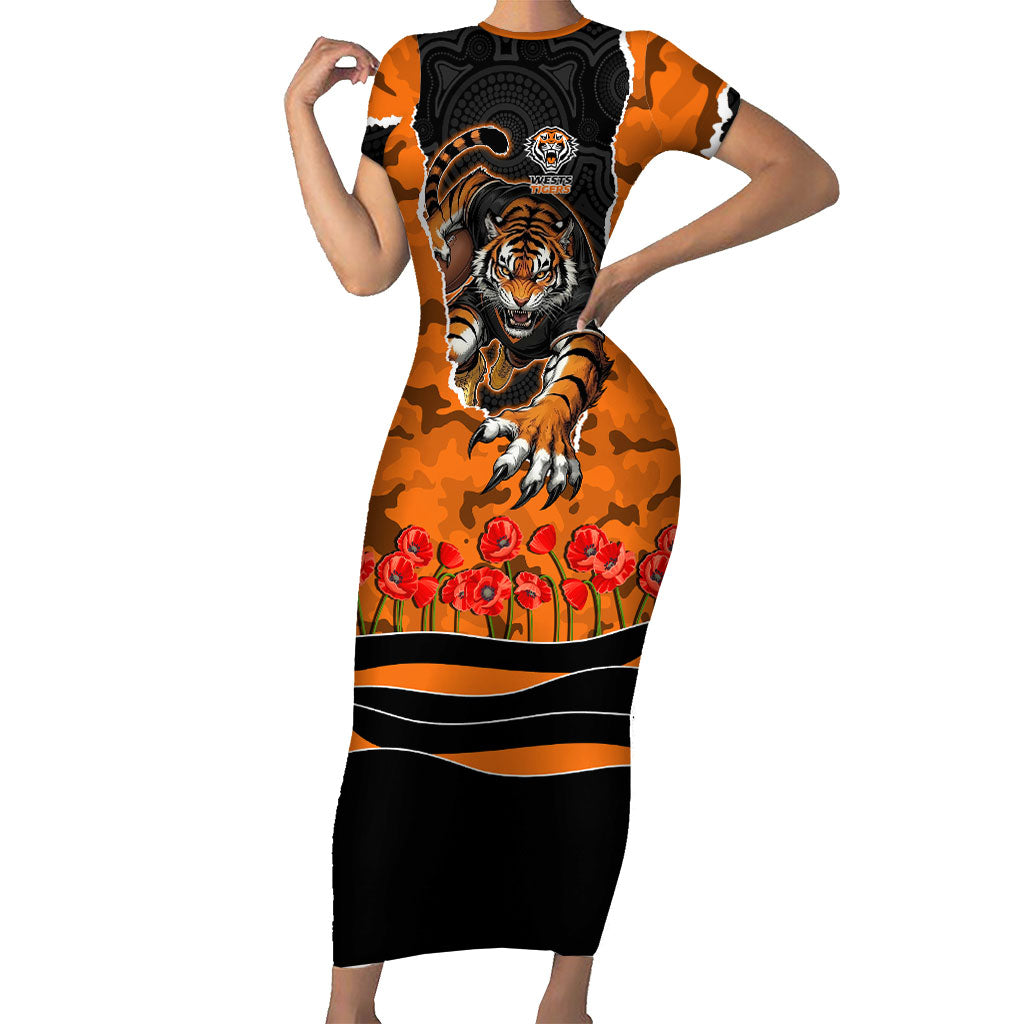 Personalized Wests Tigers ANZAC Tribute Short Sleeve Bodycon Dress Poppy Field Soldier Silhouette Aboriginal Rugby Mascot
