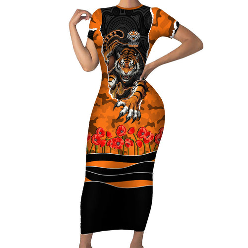 Personalized Wests Tigers ANZAC Tribute Short Sleeve Bodycon Dress Poppy Field Soldier Silhouette Aboriginal Rugby Mascot