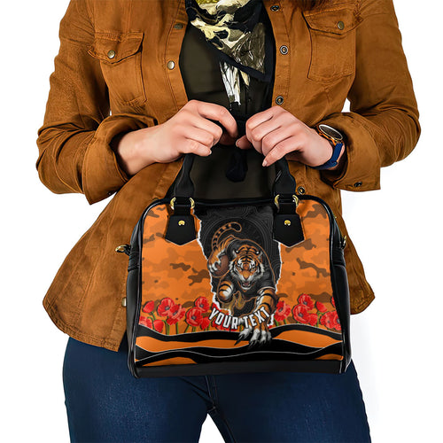 Personalized Wests Tigers ANZAC Tribute Shoulder Handbag Poppy Field Soldier Silhouette Aboriginal Rugby Mascot