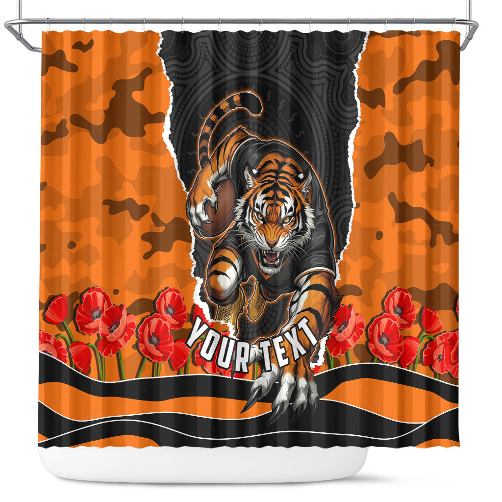 Personalized Wests Tigers ANZAC Tribute Shower Curtain Poppy Field Soldier Silhouette Aboriginal Rugby Mascot
