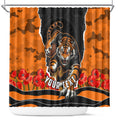 Personalized Wests Tigers ANZAC Tribute Shower Curtain Poppy Field Soldier Silhouette Aboriginal Rugby Mascot