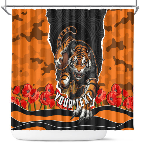 Personalized Wests Tigers ANZAC Tribute Shower Curtain Poppy Field Soldier Silhouette Aboriginal Rugby Mascot