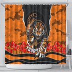Personalized Wests Tigers ANZAC Tribute Shower Curtain Poppy Field Soldier Silhouette Aboriginal Rugby Mascot