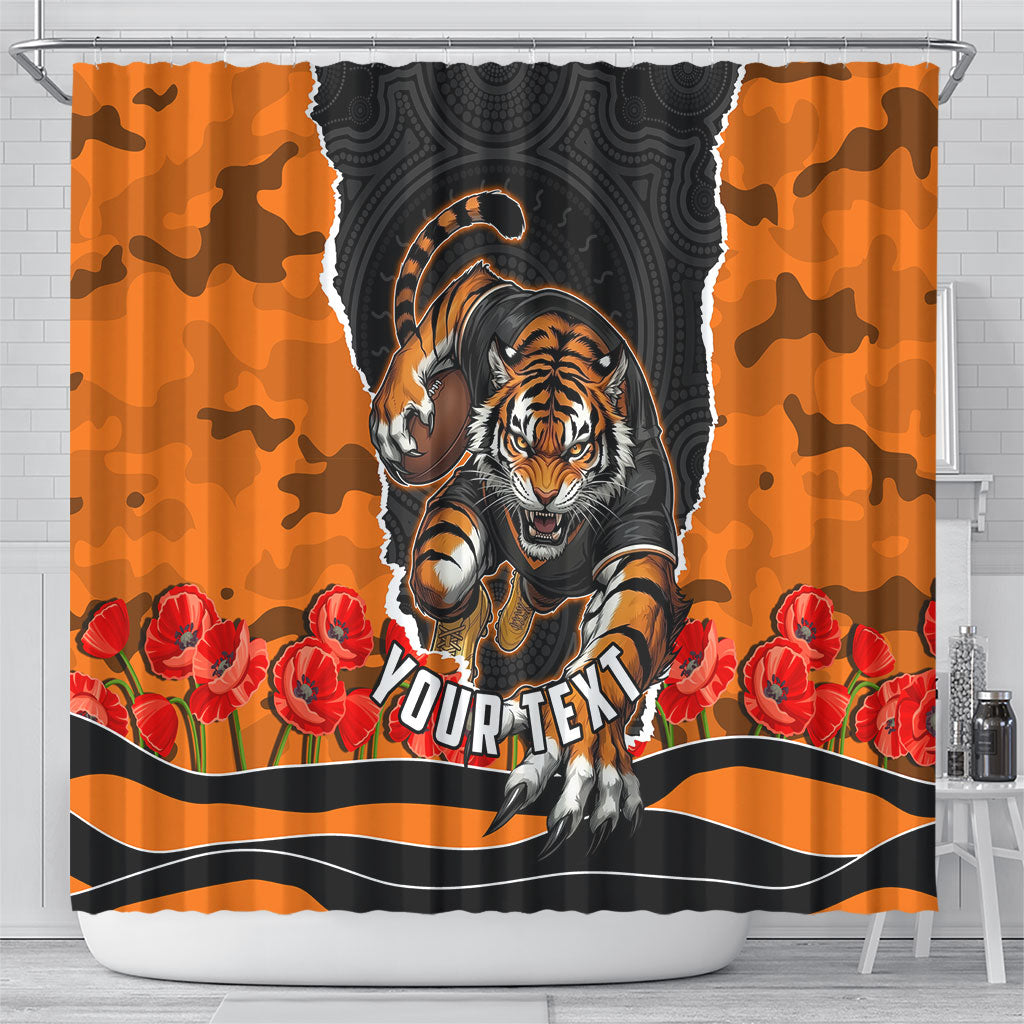 Personalized Wests Tigers ANZAC Tribute Shower Curtain Poppy Field Soldier Silhouette Aboriginal Rugby Mascot