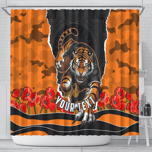 Personalized Wests Tigers ANZAC Tribute Shower Curtain Poppy Field Soldier Silhouette Aboriginal Rugby Mascot