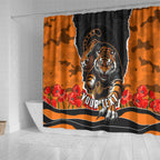 Personalized Wests Tigers ANZAC Tribute Shower Curtain Poppy Field Soldier Silhouette Aboriginal Rugby Mascot
