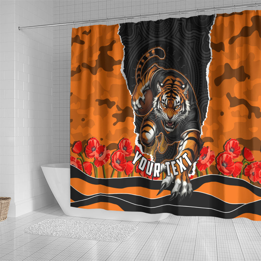 Personalized Wests Tigers ANZAC Tribute Shower Curtain Poppy Field Soldier Silhouette Aboriginal Rugby Mascot