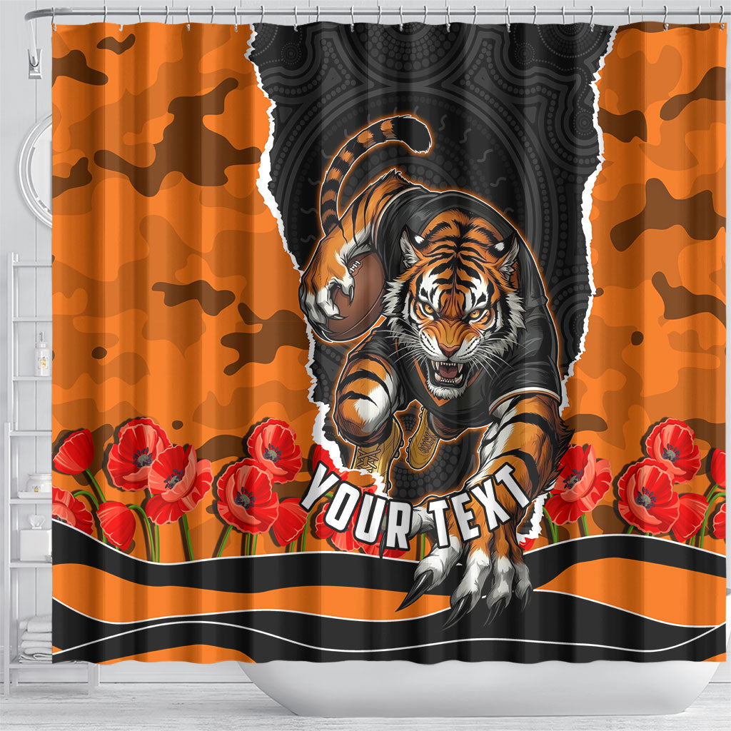 Personalized Wests Tigers ANZAC Tribute Shower Curtain Poppy Field Soldier Silhouette Aboriginal Rugby Mascot