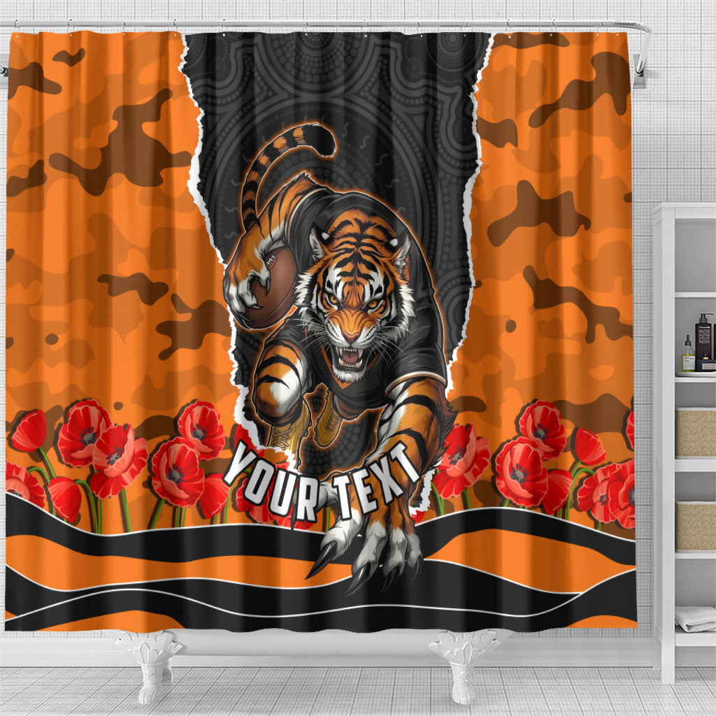 Personalized Wests Tigers ANZAC Tribute Shower Curtain Poppy Field Soldier Silhouette Aboriginal Rugby Mascot