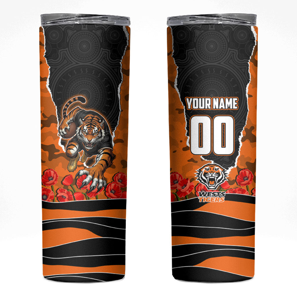 Personalized Wests Tigers ANZAC Tribute Skinny Tumbler Poppy Field Soldier Silhouette Aboriginal Rugby Mascot
