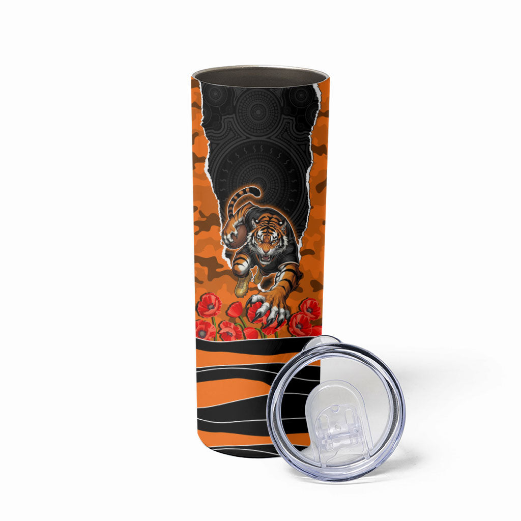 Personalized Wests Tigers ANZAC Tribute Skinny Tumbler Poppy Field Soldier Silhouette Aboriginal Rugby Mascot