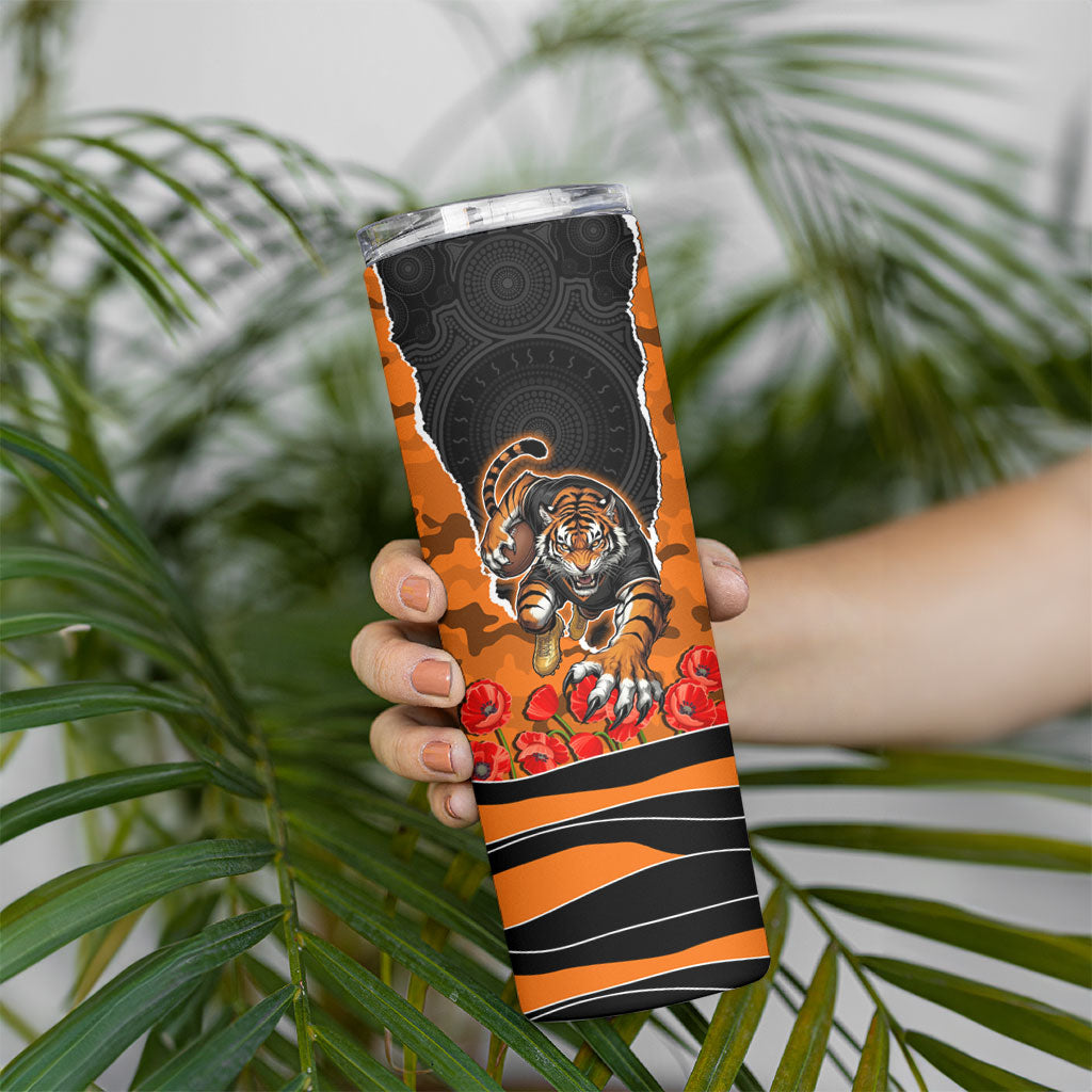 Personalized Wests Tigers ANZAC Tribute Skinny Tumbler Poppy Field Soldier Silhouette Aboriginal Rugby Mascot