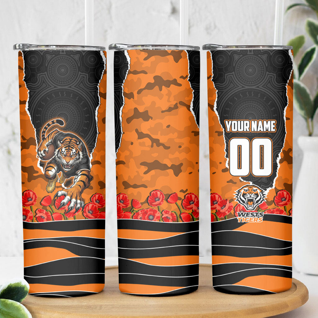 Personalized Wests Tigers ANZAC Tribute Skinny Tumbler Poppy Field Soldier Silhouette Aboriginal Rugby Mascot