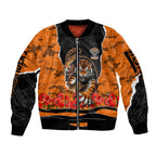 Personalized Wests Tigers ANZAC Tribute Sleeve Zip Bomber Jacket Poppy Field Soldier Silhouette Aboriginal Rugby Mascot