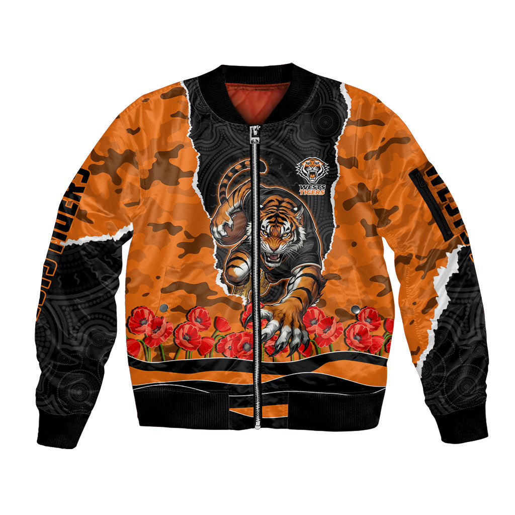 Personalized Wests Tigers ANZAC Tribute Sleeve Zip Bomber Jacket Poppy Field Soldier Silhouette Aboriginal Rugby Mascot