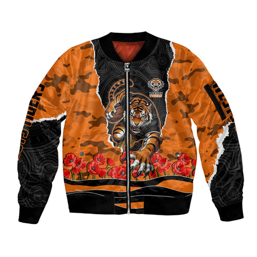 Personalized Wests Tigers ANZAC Tribute Sleeve Zip Bomber Jacket Poppy Field Soldier Silhouette Aboriginal Rugby Mascot