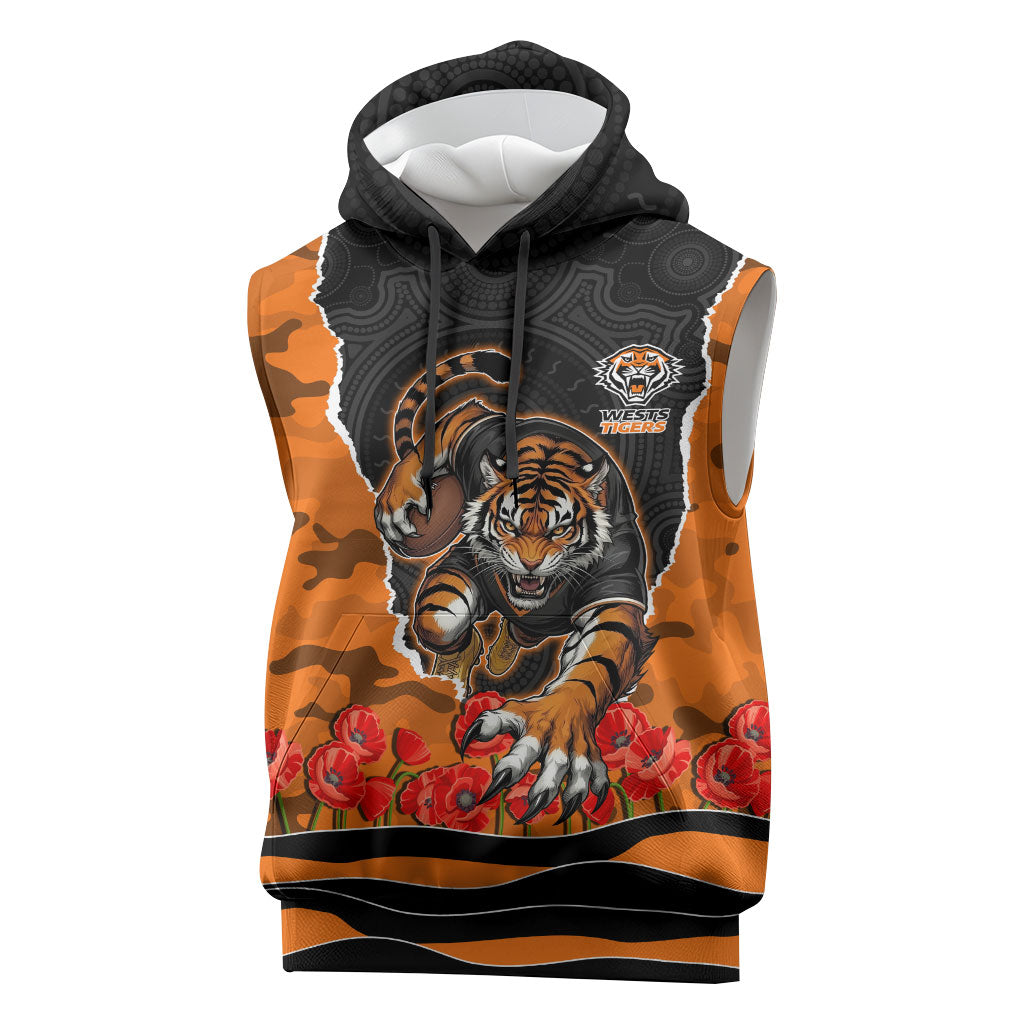 Personalized Wests Tigers ANZAC Tribute Sleeveless Hoodie Poppy Field Soldier Silhouette Aboriginal Rugby Mascot