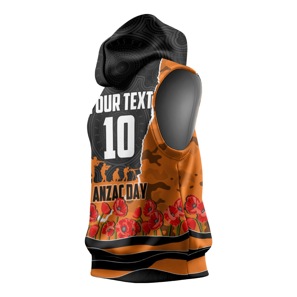 Personalized Wests Tigers ANZAC Tribute Sleeveless Hoodie Poppy Field Soldier Silhouette Aboriginal Rugby Mascot