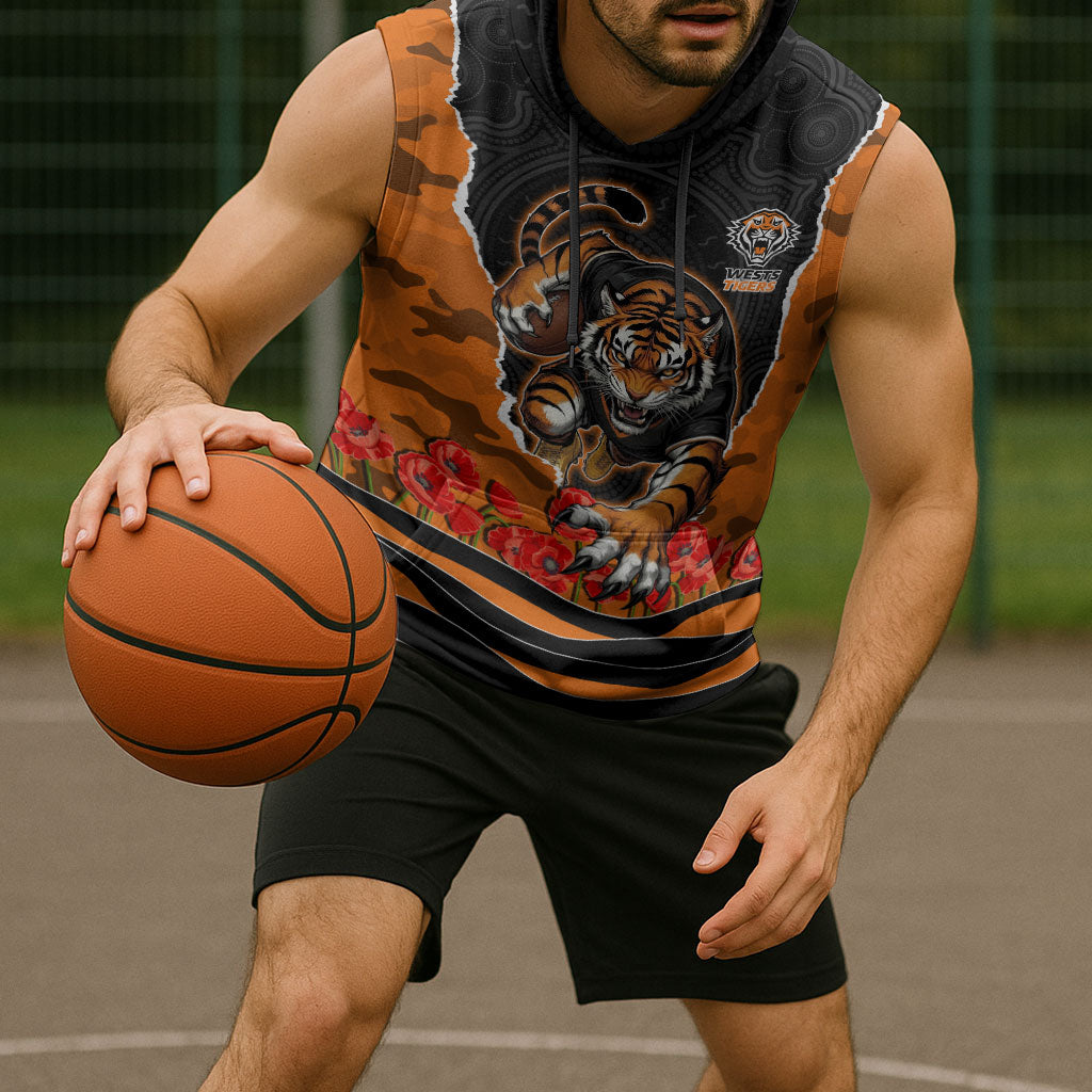 Personalized Wests Tigers ANZAC Tribute Sleeveless Hoodie Poppy Field Soldier Silhouette Aboriginal Rugby Mascot