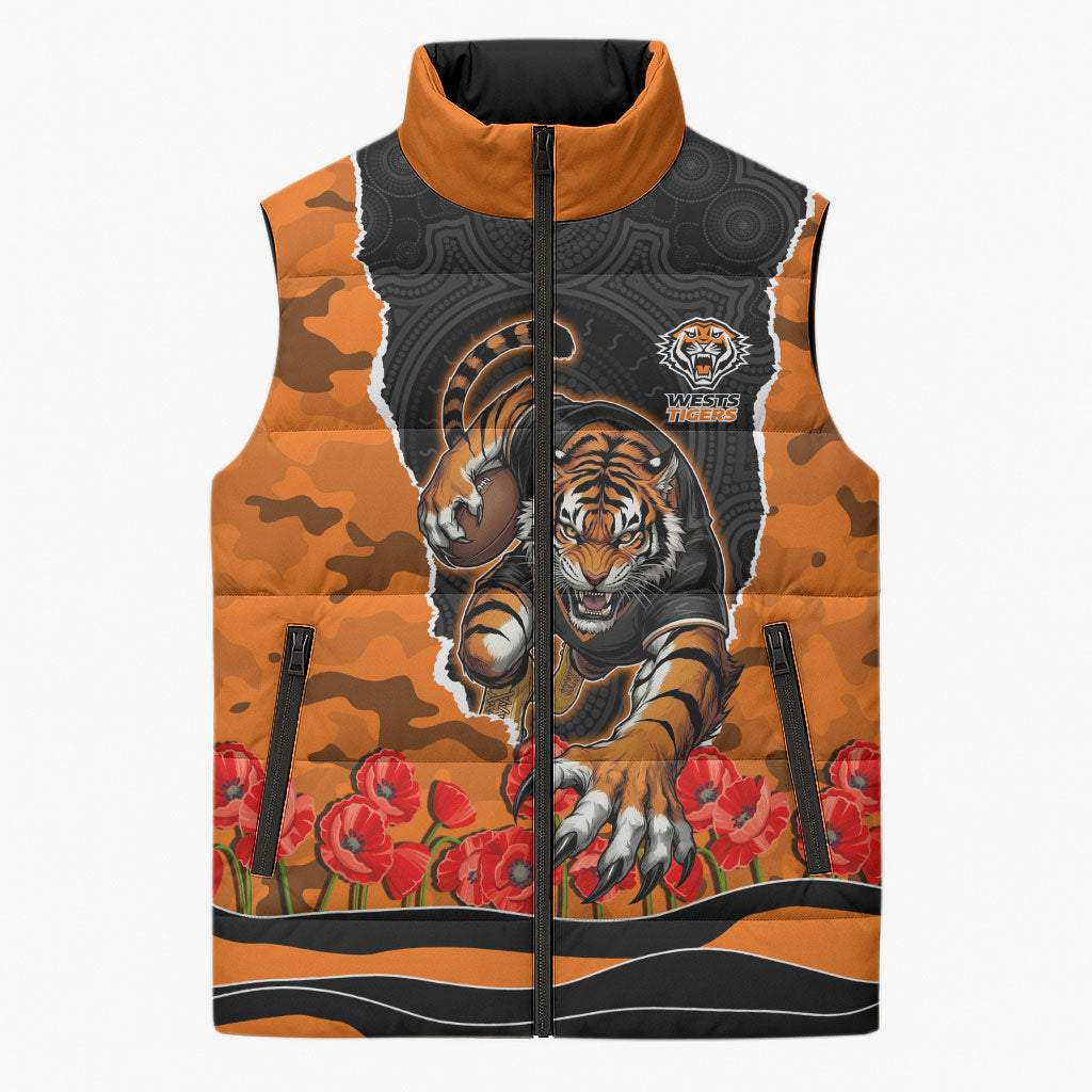 Personalized Wests Tigers ANZAC Tribute Sleeveless Puffer Jacket Poppy Field Soldier Silhouette Aboriginal Rugby Mascot