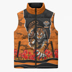 Personalized Wests Tigers ANZAC Tribute Sleeveless Puffer Jacket Poppy Field Soldier Silhouette Aboriginal Rugby Mascot