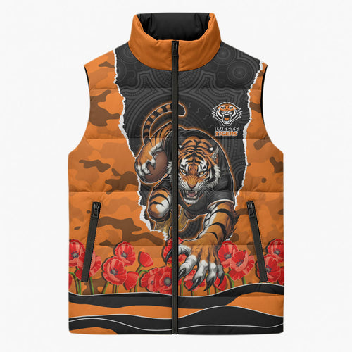 Personalized Wests Tigers ANZAC Tribute Sleeveless Puffer Jacket Poppy Field Soldier Silhouette Aboriginal Rugby Mascot