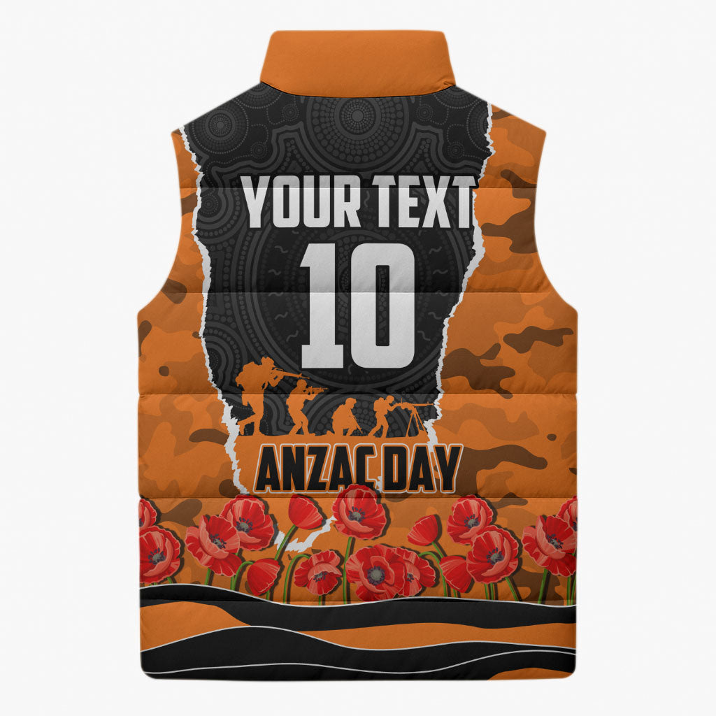 Personalized Wests Tigers ANZAC Tribute Sleeveless Puffer Jacket Poppy Field Soldier Silhouette Aboriginal Rugby Mascot