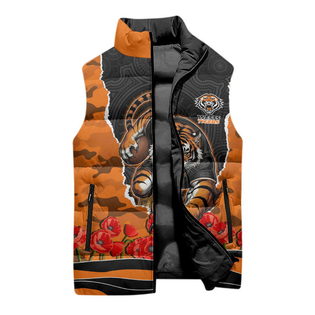 Personalized Wests Tigers ANZAC Tribute Sleeveless Puffer Jacket Poppy Field Soldier Silhouette Aboriginal Rugby Mascot