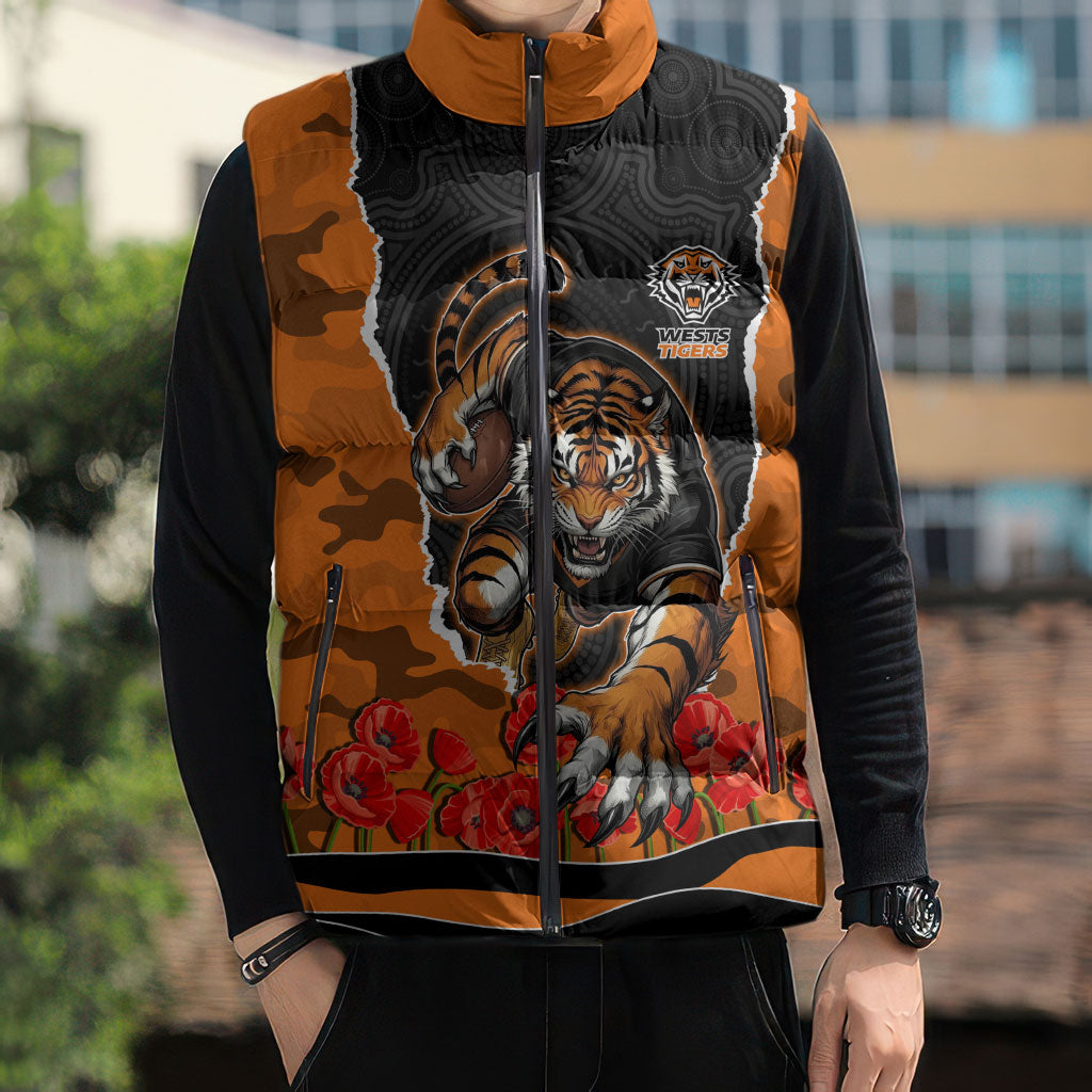 Personalized Wests Tigers ANZAC Tribute Sleeveless Puffer Jacket Poppy Field Soldier Silhouette Aboriginal Rugby Mascot