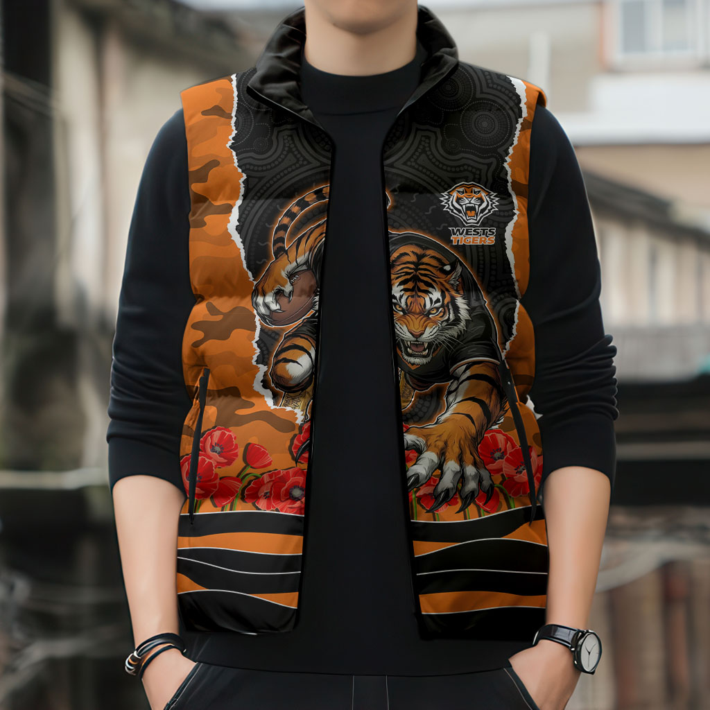 Personalized Wests Tigers ANZAC Tribute Sleeveless Puffer Jacket Poppy Field Soldier Silhouette Aboriginal Rugby Mascot