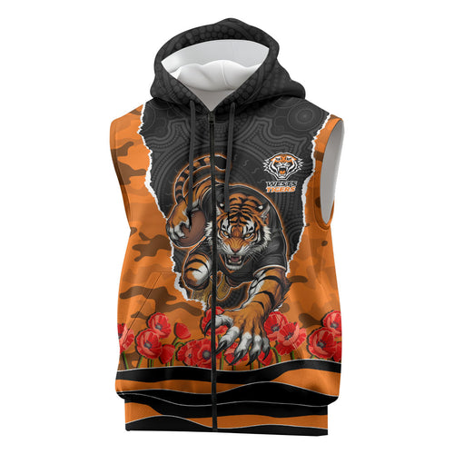 Personalized Wests Tigers ANZAC Tribute Sleeveless Zip Hoodie Poppy Field Soldier Silhouette Aboriginal Rugby Mascot