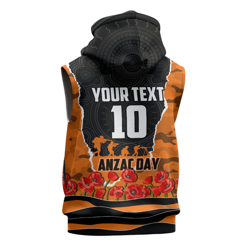 Personalized Wests Tigers ANZAC Tribute Sleeveless Zip Hoodie Poppy Field Soldier Silhouette Aboriginal Rugby Mascot