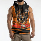 Personalized Wests Tigers ANZAC Tribute Sleeveless Zip Hoodie Poppy Field Soldier Silhouette Aboriginal Rugby Mascot