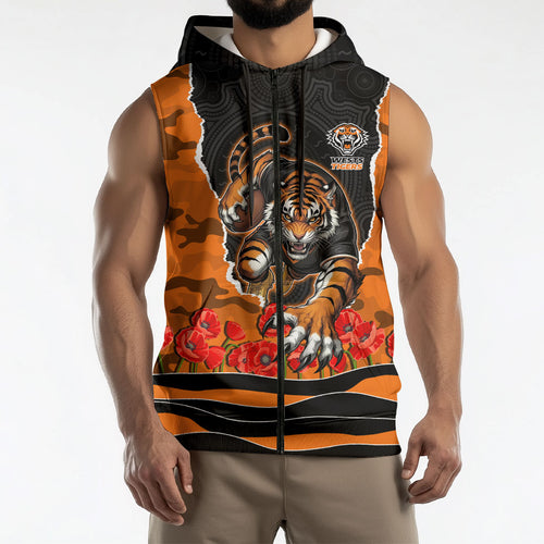 Personalized Wests Tigers ANZAC Tribute Sleeveless Zip Hoodie Poppy Field Soldier Silhouette Aboriginal Rugby Mascot