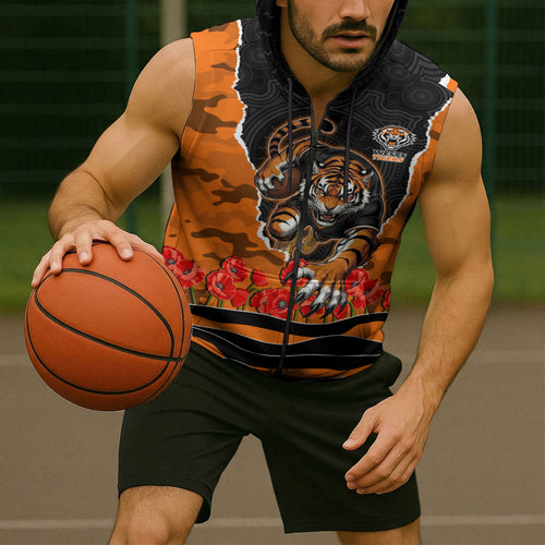 Personalized Wests Tigers ANZAC Tribute Sleeveless Zip Hoodie Poppy Field Soldier Silhouette Aboriginal Rugby Mascot