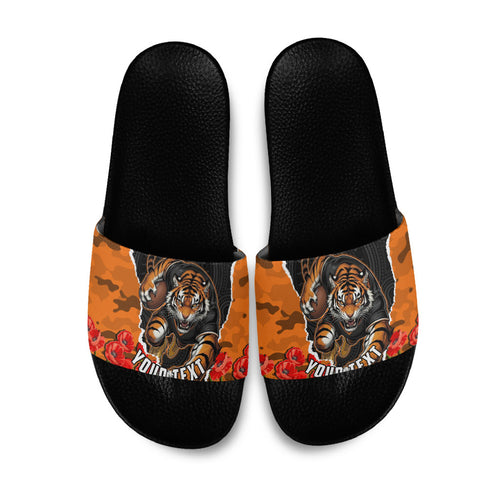 Personalized Wests Tigers ANZAC Tribute Slide Sandals Poppy Field Soldier Silhouette Aboriginal Rugby Mascot