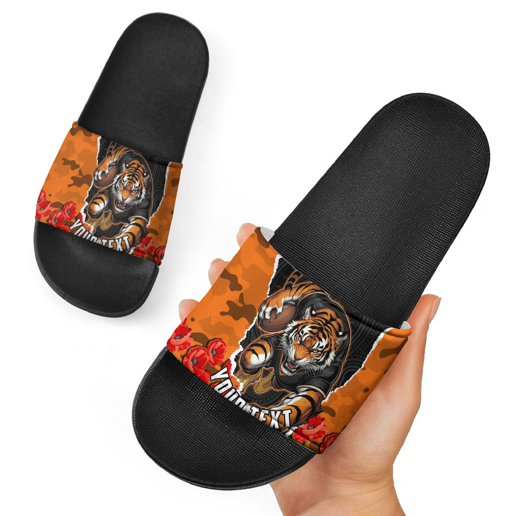 Personalized Wests Tigers ANZAC Tribute Slide Sandals Poppy Field Soldier Silhouette Aboriginal Rugby Mascot