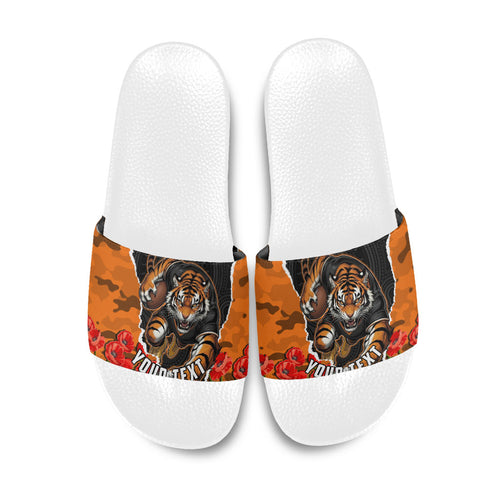 Personalized Wests Tigers ANZAC Tribute Slide Sandals Poppy Field Soldier Silhouette Aboriginal Rugby Mascot