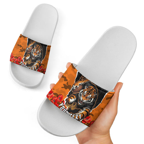 Personalized Wests Tigers ANZAC Tribute Slide Sandals Poppy Field Soldier Silhouette Aboriginal Rugby Mascot