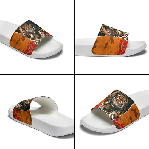 Personalized Wests Tigers ANZAC Tribute Slide Sandals Poppy Field Soldier Silhouette Aboriginal Rugby Mascot