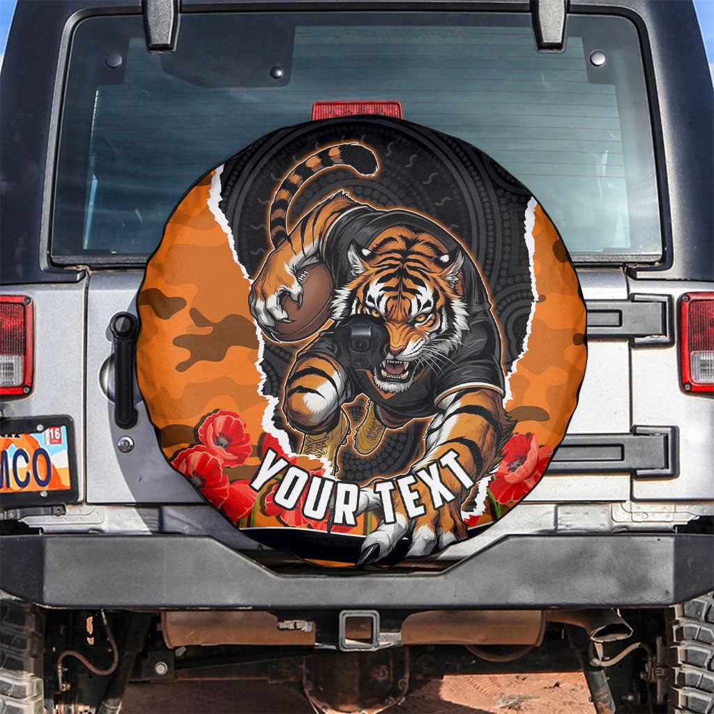 Personalized Wests Tigers ANZAC Tribute Spare Tire Cover Poppy Field Soldier Silhouette Aboriginal Rugby Mascot