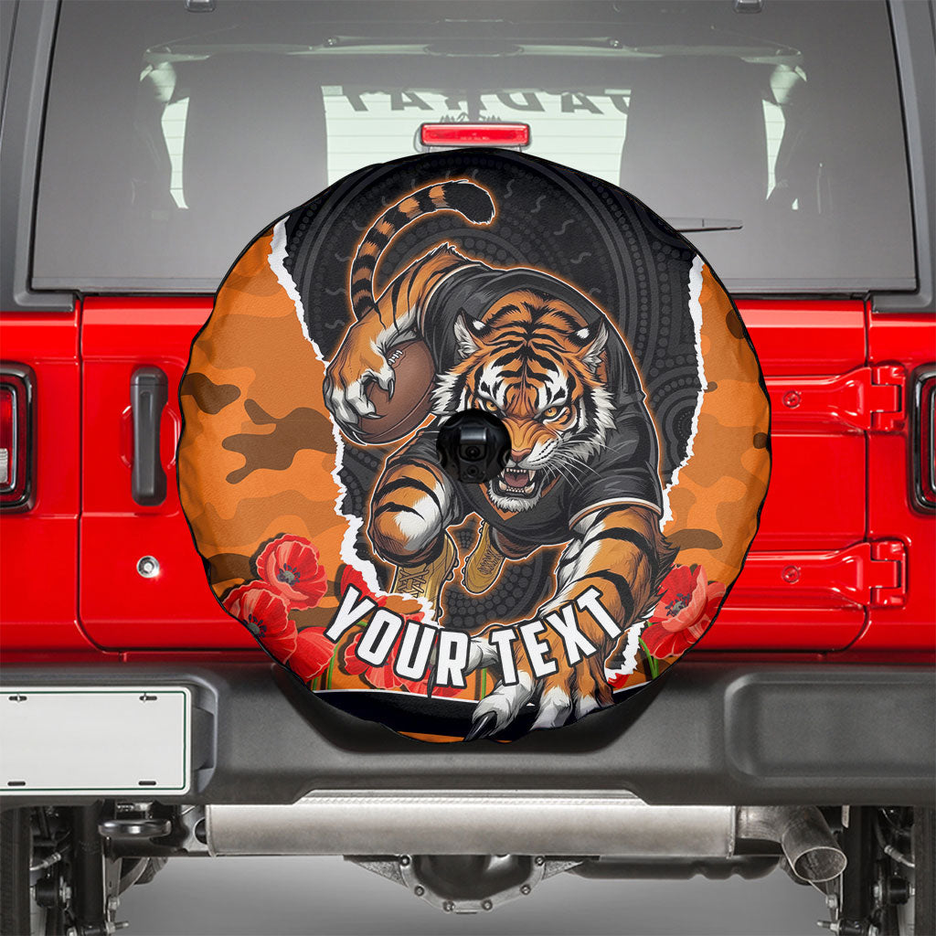 Personalized Wests Tigers ANZAC Tribute Spare Tire Cover Poppy Field Soldier Silhouette Aboriginal Rugby Mascot