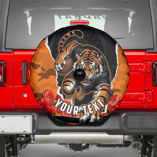 Personalized Wests Tigers ANZAC Tribute Spare Tire Cover Poppy Field Soldier Silhouette Aboriginal Rugby Mascot