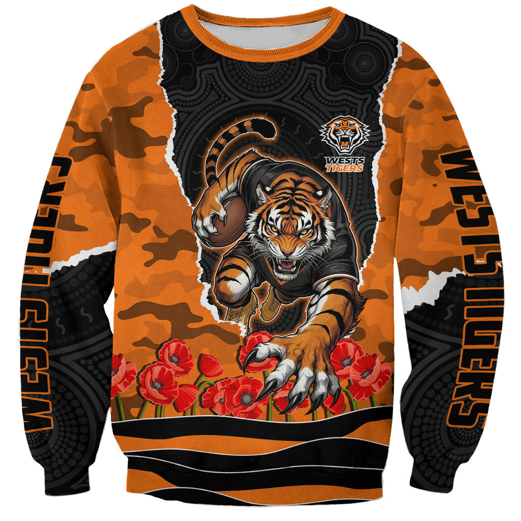 Personalized Wests Tigers ANZAC Tribute Sweatshirt Poppy Field Soldier Silhouette Aboriginal Rugby Mascot