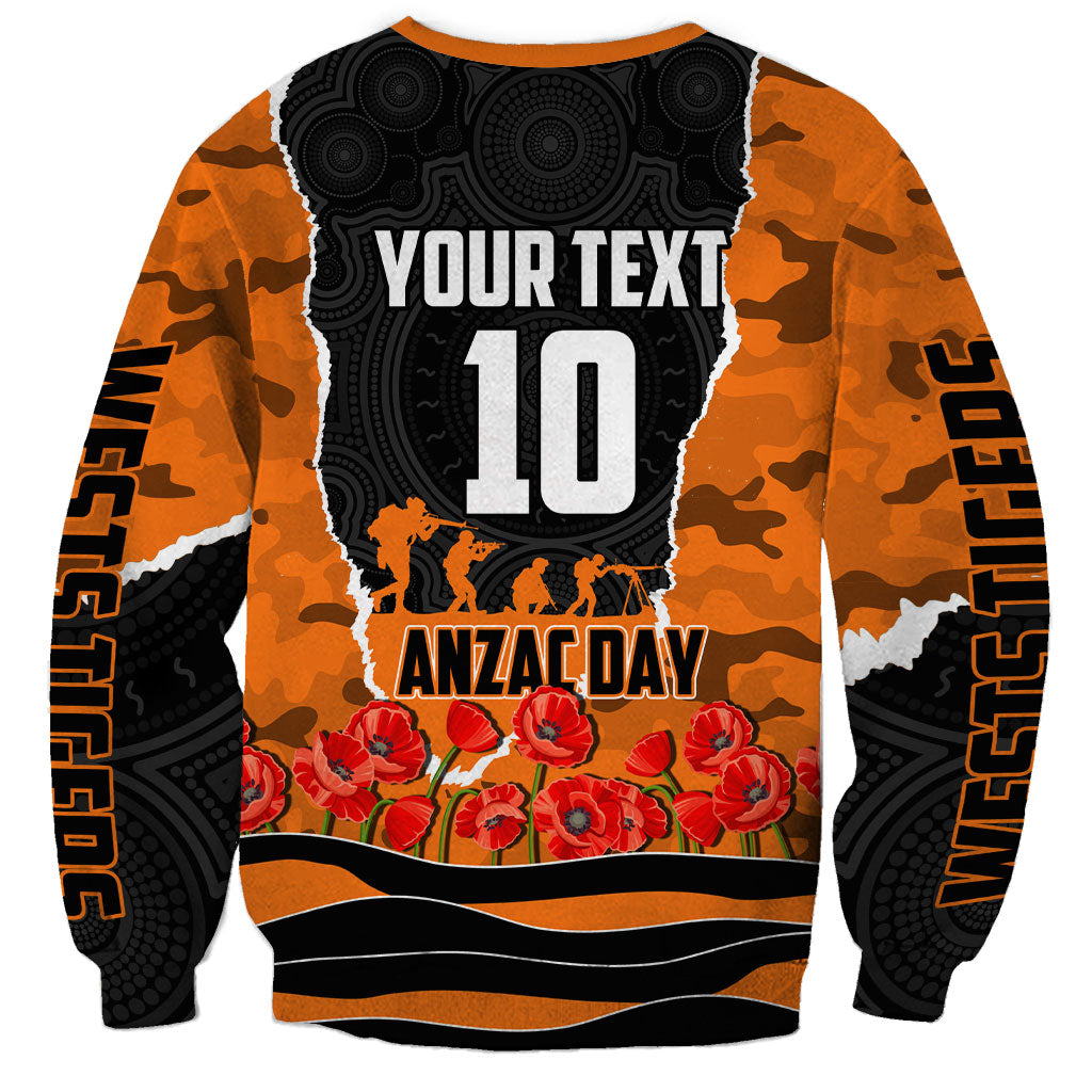 Personalized Wests Tigers ANZAC Tribute Sweatshirt Poppy Field Soldier Silhouette Aboriginal Rugby Mascot