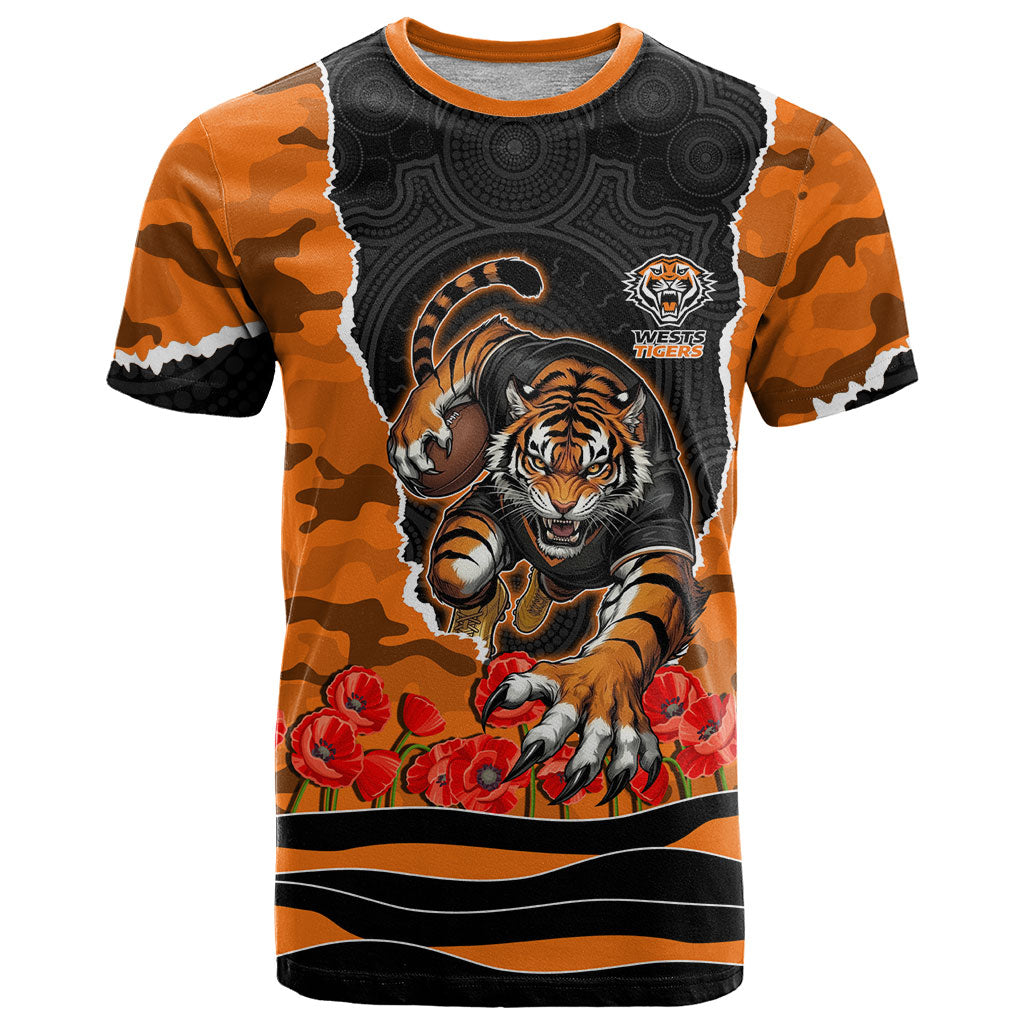 Personalized Wests Tigers ANZAC Tribute T Shirt Poppy Field Soldier Silhouette Aboriginal Rugby Mascot