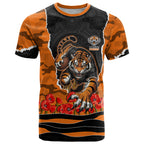 Personalized Wests Tigers ANZAC Tribute T Shirt Poppy Field Soldier Silhouette Aboriginal Rugby Mascot