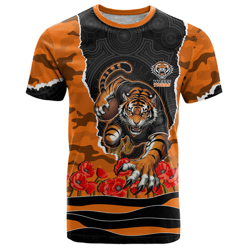 Personalized Wests Tigers ANZAC Tribute T Shirt Poppy Field Soldier Silhouette Aboriginal Rugby Mascot