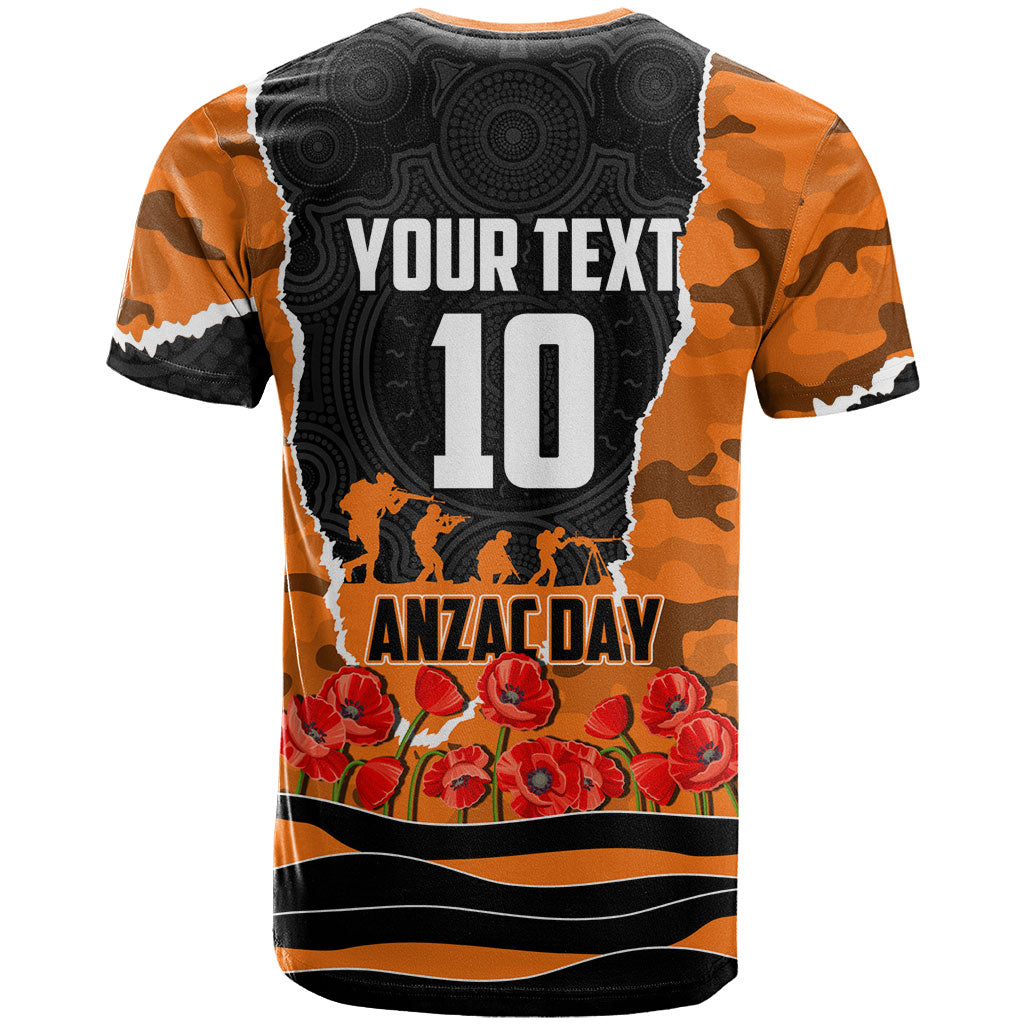 Personalized Wests Tigers ANZAC Tribute T Shirt Poppy Field Soldier Silhouette Aboriginal Rugby Mascot