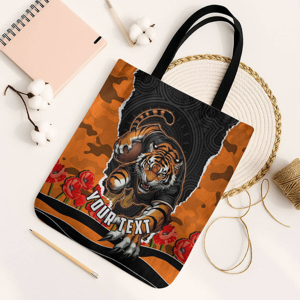 Personalized Wests Tigers ANZAC Tribute Tote Bag Poppy Field Soldier Silhouette Aboriginal Rugby Mascot